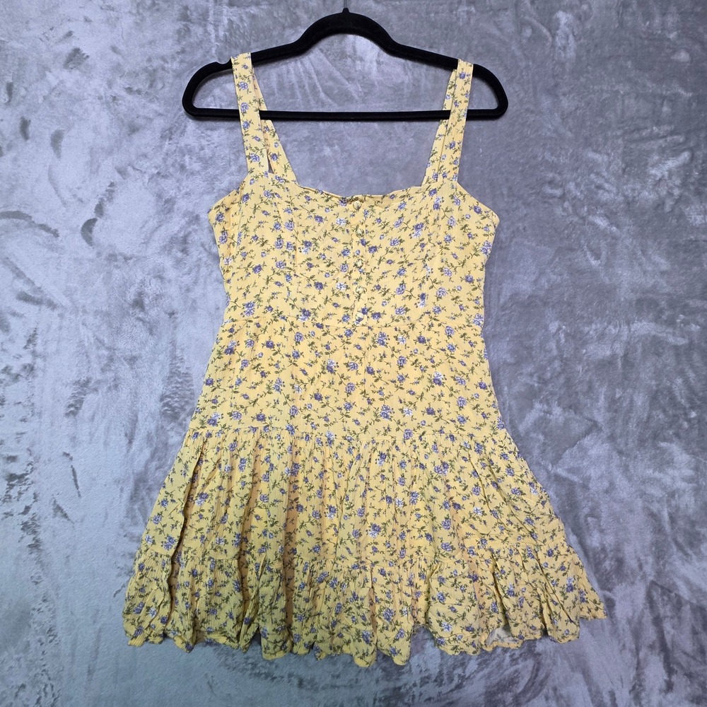 Forever 21 Yellow Floral Smocked Back Tiered Ruffle Mini Dress Womens Medium